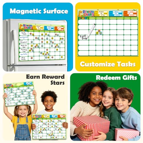 Magnetic Reward Chart for Kids, Customizable Dry Erase Weekly Chore Chart - size: 3 Kids-Dinosaurs