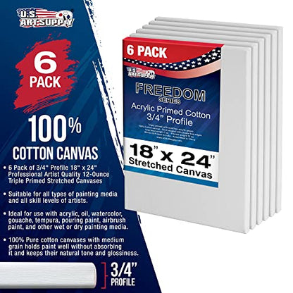 U.S. Art Supply 18 x 24 inch Stretched Canvas 12-Ounce Primed 6-Pack - Professional White Blank 3/4" Profile Heavy-Weight Gesso Acid Free Bulk Pack - Painting, Acrylic Pouring, Oil Paint - size: 18" x 24"