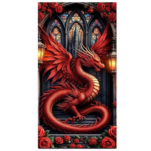 KUFWKEY Fantasy Dragon Diamond Art Kits for Adults,Gothic Stained Rose Diamond Painting Kits,Full Round Diamond Mosiac Kits,DIY Handicrafts,Gem Art and Crafts,Large Size 16x28inch - color: AM804