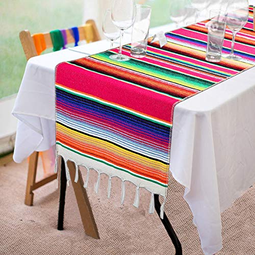 Fowecelt Mexican Serape Table Runner 14 x 84 Inch for Mexican Party Wedding Decorations Outdoor Picnics Dining Table Cotton Table Runners for Fringe - color: Pink, size: 84" x 14" (Runner)