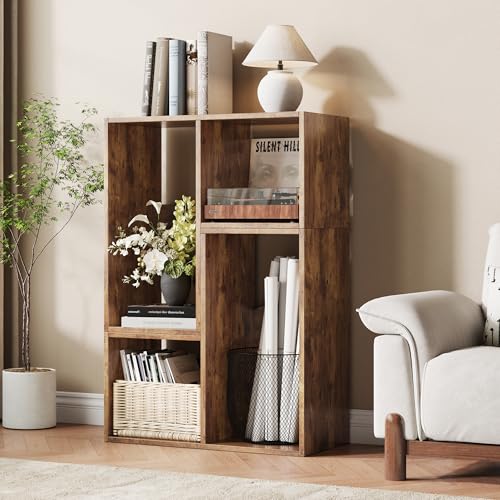 MapleGrace 6 Cube Storage Organizer, Wooden Storage Shelves Bookcase with Back Panels, Stackable Display Bookshelf for Living Room, Bedroom, Study, Hallway, Rustic Brown