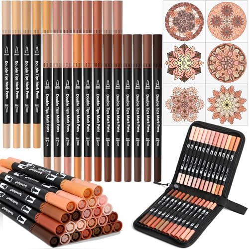 Skin Tone Dual Tip Brush Pen,Colored Fine & Brush Calligraphy Pens, Dual Tip Brown Markers for Adult Coloring Books Drawing Planner Calendar Art Sketch Outlining Sketching Calligraphy - color: Brown