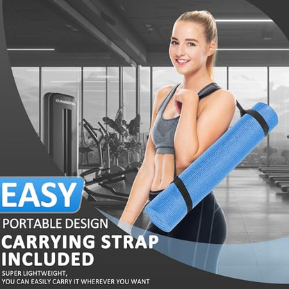 Fitvids All Purpose Thick High Density No Tear Exercise Yoga Mat with Strap & Lightweight Features for Indoor & Outdoor Use - color: Blue