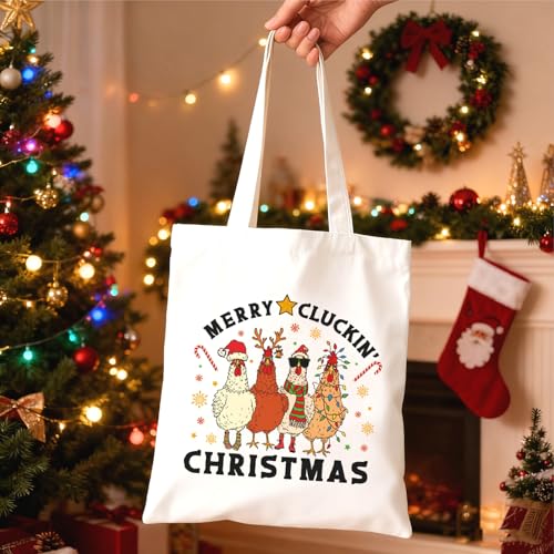 Kazova Merry Cluckin Tote Bag Funny Christmas Chicken Tote Bag for Women Xmas Holiday Canvas Handbag with Long Handles Reusable Grocery Shopping Beach Cotton Handbag - color: Cluckin