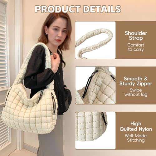 Puffer Tote Bag for Women, Large Quilted Puffer Bag with Pouch, Puffy Quilted Hobo Bag, Puff Crossbody Purse - color: 1-white