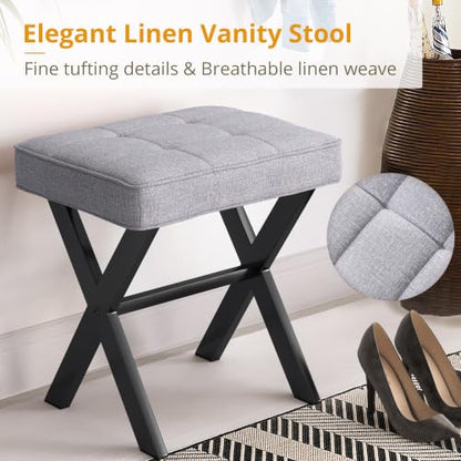 LUE BONA Vanity Stool - Square Linen Makeup Seat With Metal X Legs, Small Ottoman Chair for Makeup Room, Living Room, Bathroom - Modern Padded Foot Rest, Dark Gray - color: Dark Gray