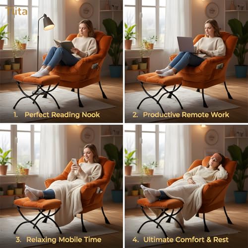 Tiita Lazy Chair with Ottoman, Comfy Reading Accent Chair, Velvet Orange - color: Orange