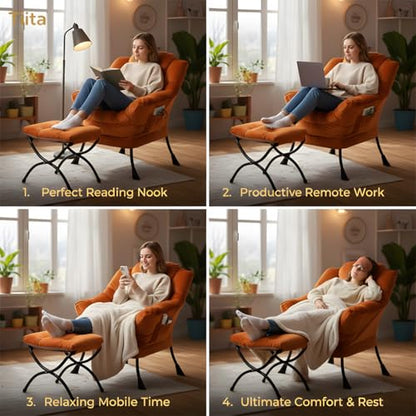 Tiita Lazy Chair with Ottoman, Comfy Reading Accent Chair, Velvet Orange - color: Orange