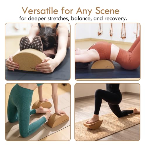 2 Pack Half Moon Cork Yoga Blocks with Cork Massage Ball, Calf Raise Block & Calf Stretcher, Foot Balance Trainer for Plantar Fasciitis Relief, Yoga Pilates Dance Stretching & Myofascial Release