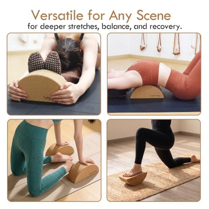 2 Pack Half Moon Cork Yoga Blocks with Cork Massage Ball, Calf Raise Block & Calf Stretcher, Foot Balance Trainer for Plantar Fasciitis Relief, Yoga Pilates Dance Stretching & Myofascial Release