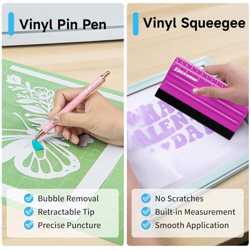 TECKWRAP Brayer Roller Set for Vinyl DIY Crafts & Relief Printing - 4 PCS | Printmaking Brayer, Pin Pen, Tweezers & Felt Squeegee for Iron-On Vinyl Stickers, Scrapbooking, Stamping, Card Making - color: Blue 4 set