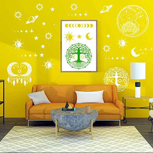 9 Pieces Large Mandala Sun and Moon Stencil Butterfly Flower Tree Paint Stencils for Crafts Reusable Templates Star Celestial Stencils for Painting Wood Wall Furniture Home Decor (Sun Moon)