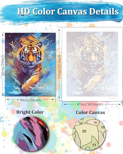 TOCARE Tiger Paint by Numbers Kit for Adults, Adult Paint by Number Tiger Canvas,Adults’ Paint-by-Number Kits Animal 16x20inch - color: TC-OPC-20