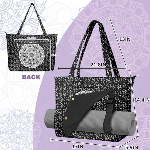 Yoga Bag for Women, Large Canvas Yoga Mat Tote Bag with Yoga Mat Carrier | Large Mat Pocket Fitness Tote for Pilates, Gym, Travel, Office & Beach - color: Black Flower Mandala