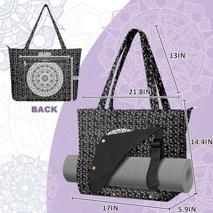 Yoga Bag for Women, Large Canvas Yoga Mat Tote Bag with Yoga Mat Carrier | Large Mat Pocket Fitness Tote for Pilates, Gym, Travel, Office & Beach - color: Black Flower Mandala