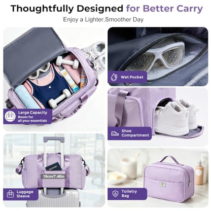 FIORETTO Women's Gym Duffle Bag with Shoes Compartment, 30L Capacity, Ideal for Travel, Gym, Sports, Duffel, Weekender - color: Lavender, style: Gym Bag With Toiletry Bag