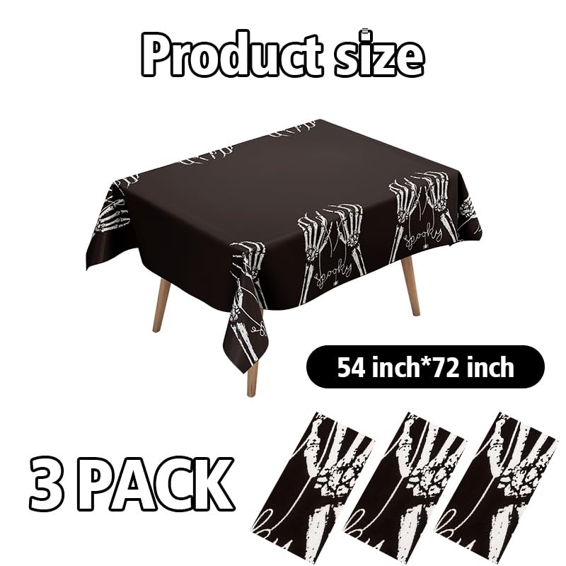 Halloween Skeleton Hand Tablecloth, Black and White, Waterproof Plastic, 54x72 Inch, Spill-Proof Table Cover, Gothic Party Decor, 3 Pack - color: Halloween@human Hand