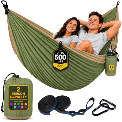 Durable Hammock 500 lb Capacity, Nylon Camping Hammock Chair - Double or Single Sizes w/Tree Straps and Attached Carry Bag - Portable for Travel/Backpacking/Beach/Backyard (Large, Khaki & Army Green) - color: Khaki & Army Green, size: Large
