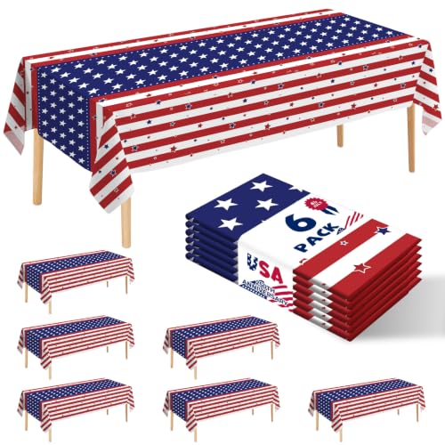 6 Pack American Flag Tablecloth, 4th of July Patriotic Table Cover (54"x108") Disposable Plastic Table Cloth, Decorations for Veterans Day, Patriotic, Memorial, Fourth of July, Independence - color: American Flag Style