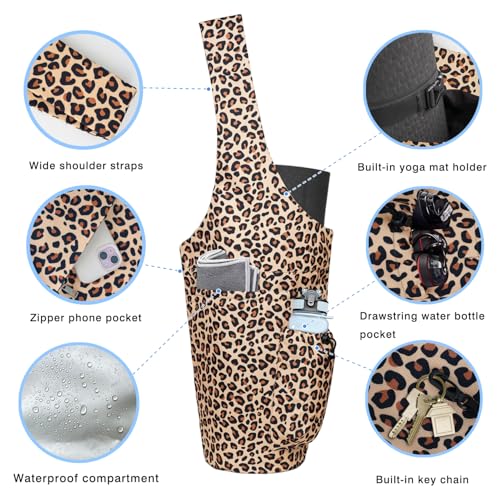Yoga Mat Bag - Large Opening Long Tote Yoga Mat Carrier Holder Bag with Waterproof Wet Zipper Pocket and Drawstring Water Bottle Pocket - Yoga Bag Fit Most Size Mats - color: Leopard Print