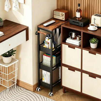 4 Tier Rolling Cart, Metal Utility Slim Storage Carts with Wheels, Small Mobile Shelf Unit Organizer Trolley with Handle and Wood Top, Rolling Cart for Laundry, Bathroom, Kitchen