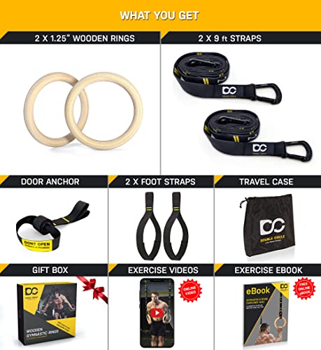 Double Circle Wood Gymnastics Rings with Quick Adjust Numbered Straps and Exercise Videos Guide - Full Body Workout Rings, Calisthenics, Home Gym (Multi-Size) - style: Rings & Straps + Door Anchor + Foot Straps