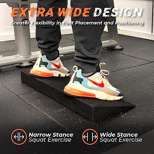 Squat Wedge Block, One-Piece Slant Board for Heel Elevated Squats Item Highlight: 27 x 10 in, 15° slant board; 6 silicone pads; calf stretches, deadlifts & mobility; 4,000 lb pressure-tested