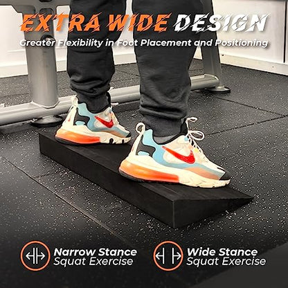 Squat Wedge Block, One-Piece Slant Board for Heel Elevated Squats Item Highlight: 27 x 10 in, 15° slant board; 6 silicone pads; calf stretches, deadlifts & mobility; 4,000 lb pressure-tested