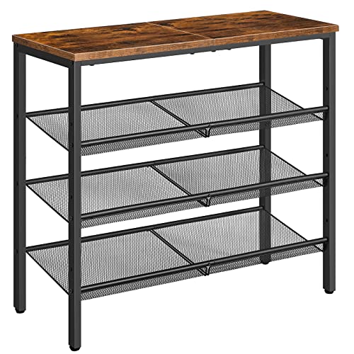 HOOBRO Shoe Rack for Entryway, 4-Tier Shoe Organizer with Adjustable Mesh Shelves, 12-16 Pairs of Shoes, Spacious Floor Mount, Metal, Industrial, Shoe Shelf for Closet, Rustic Brown BF42XJ01 - color: Rustic Brown + Black, size: 29.5"W x 11.8"D x 27.2"H