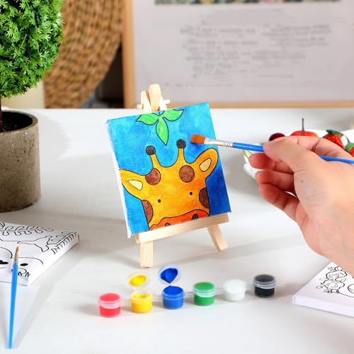 Tenceur 48 Pcs Kids Paint Party Set, 12 Pre Drawn Animal Canvas with Easel | Wooden Easel, Paint Pots, Brushes, Mini Apron, Tote Bag for Art Class, Birthday Parties, Back to School Activities - style: Stylish