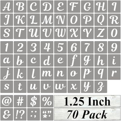 1.25 Inch Letter Stencils for Painting - 70 Pack Alphabet Letter and Number Stencil Templates with Signs for Painting, Reusable Cursive Alphabet Stencils for Chalkboard Wood Crafts & Wall Decor - size: 1.25 Inch