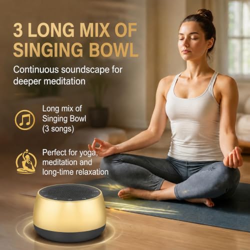 Portable Electronic Tibetan Singing Bowl, 9 Healing Sounds Touch Control Meditation Sound Machine with Timer Auto Off Memory Function for Yoga Reiki Relax Deep Sleep - color: Gold