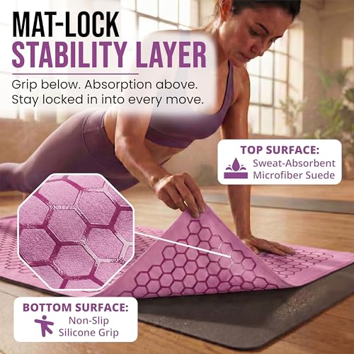 Clever Yoga Hot Yoga Mat Towel – Non-Slip Grip for Hot Yoga, Sweat Absorbent, Honeycomb Silicone Grip, Stays Flat – Ideal for Pilates, Travel, Washable & Lightweight - Lilac - color: Lilac