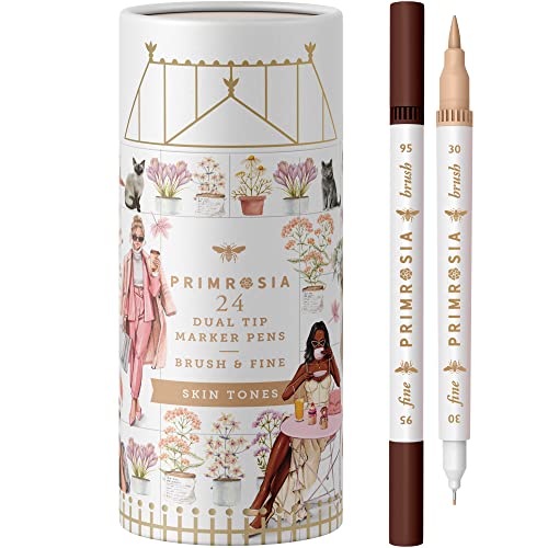 Primrosia 24 Skin Tones Dual Tip Marker Pens, Hair and Portrait Watercolor Sketch Set – Fine and Brush Ends, Art Supplies for Coloring, Sketching and Drawing - color: Skin Tones