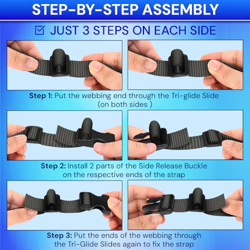 TECEUM 3/4" Nylon Strap Kit with Buckles, Charcoal 6 yards Repair Set | Heavy duty hardware kit: 6yd webbing, 6 quick release buckles, 12 tri-glide slide clips, 6 metal D-rings for crafting. - color: Charcoal, size: 3/4" - 6 yards, style: 6 Buckle - 12 Sl