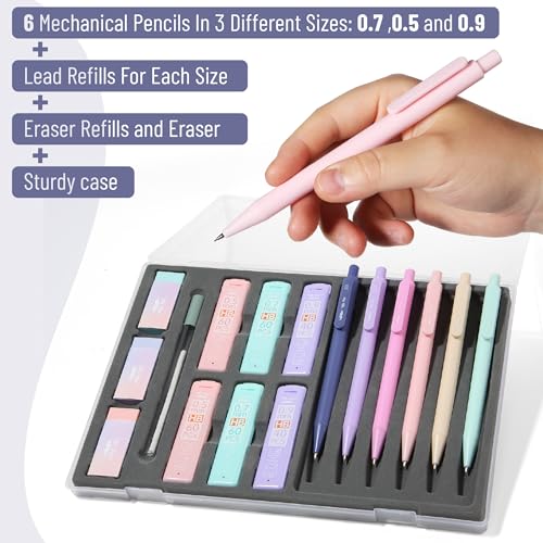 Mr. Pen- Pastel Mechanical Pencil Set with Lead Refills & Erasers, 6 Pack | 3 Sizes, 0.5 0.7 & 0.9mm, 6x Tubes HB Lead Refill, 3x Eraser for School Supplies, Students, Drawing & Sketching
