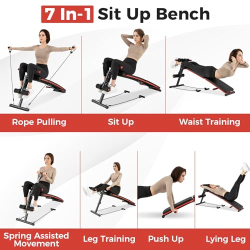 GYMAX Sit Up Bench, 330lbs Folding Decline Workout Bench with Spring Handle, Elastic Ropes & 4 Level Adjustable Height, Incline Weight Bench for Situp, Ab Crunch, Strength Training Exercise for Home Gym