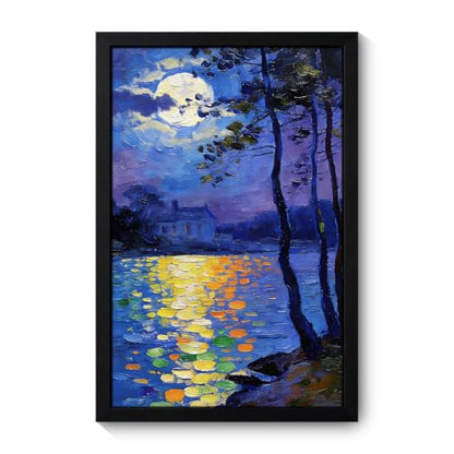 Seaofcity Moonlit Lake Landscape Wall Art, Framed Wall Art for Living Room, Night Blue Scene with Moon Reflection and Distant Cabin, Oil Painting on Canvas, Black Wood Frame, 16" W x 24" L - color: Moonlit Water Lilies, size: 24"l X 16"w