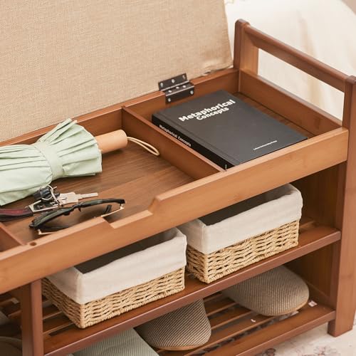 PETKABOO 31.5" Bamboo Shoe Rack Bench with Storage, 3-Tier Entryway Bench with Thick Cushion, Flip-Top & Side Baskets, Holds Up to 550 LBS for Hallway, Living Room, Bedroom - color: 31.5"