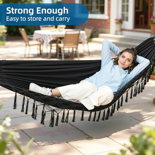 Brazilian Style Double Hammock with Fringe, 2 Person Patio Hammock for Backyard & Indoor Relaxation, Soft Breathable Fabric, Easy Setup with Straps & Carry Bag, 360 lbs Capacity - color: Black