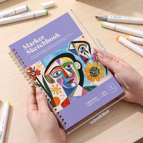 5.8 × 8.3 in Marker Paper Sketchbook, Spiral Bound Acid-Free Paper | 120gsm Drawing Paper, Anti-Bleed Double Sided Sheets, Lays Flat, Tear-Out Pages, for Markers, Pens & Acrylics - size: 5.8×8.3 Inch (1 Pack)