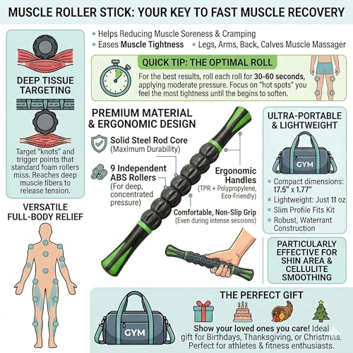 Kunova (TM) Muscle Roller Stick - Massage Tool for Releasing Myofascial Trigger Points, Reducing Muscle Soreness, Soothing Cramps and Relieving Muscle Pain
