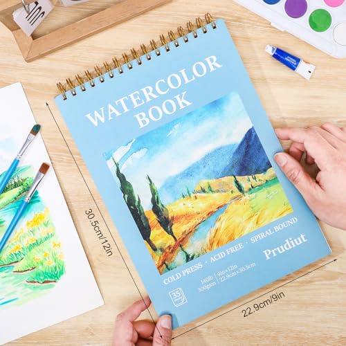 35 Sheets Watercolor Paper Pad 9x12 Inch, 140 Lb Cold Press, Spiral | 300 Gsm Paper, Good Water Absorption, Tear-Off Pages, 360° Spiral Binding, for Watercolor, Sketching, Mixed Media - size: 9x12 Inch
