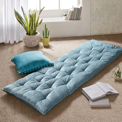 Intelligent Design Foldable Lightweight Lounge Floor Pillow 27" x 74" Aqua | Edelia Poly Chenille Soft Sheen Cushion, Tufted Seat for Meditation, Game Playing, Yoga, Reading with Travel Wrap - color: Aqua