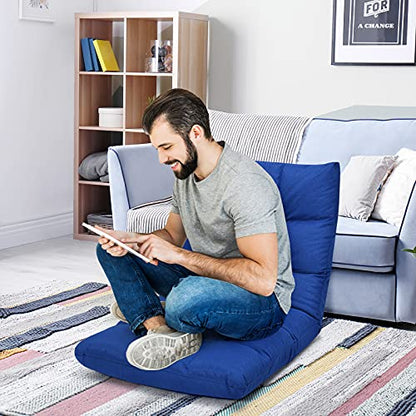 Giantex Adjustable Floor Gaming Sofa Chair 14-Position Cushioned Folding Lazy Recliner High Resilience Sponge, Breathable Cotton & Linen Fabric Sleeper Bed Couch Recliner (Navy) - color: Navy