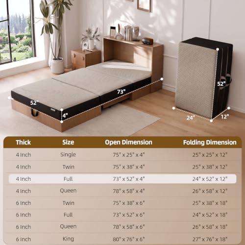 ROXGOX Memory Foam Trifold Mattress, 4 Inch Full Foldable Mattress, Portable Floor Bed with Washable Cover, Handle & Non-Slip Bottom, for RV, Travel, Camping, Yoga, 73"x52"x4", Grey - size: Full, style: 4 Inch-Grey