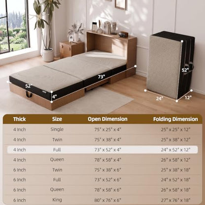 ROXGOX Memory Foam Trifold Mattress, 4 Inch Full Foldable Mattress, Portable Floor Bed with Washable Cover, Handle & Non-Slip Bottom, for RV, Travel, Camping, Yoga, 73"x52"x4", Grey - size: Full, style: 4 Inch-Grey