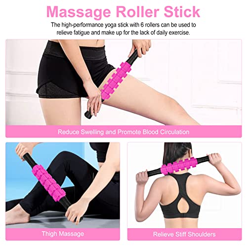 Aucuu 6 in 1 Foam Roller Set Includes Hollow Core Massage Roller, Yoga Stick, Massage Ball, Fitness Stretching Strap, Carrying Bag, Towel, Massage Roller (Pink) - color: Pink