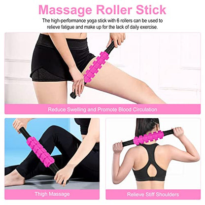 Aucuu 6 in 1 Foam Roller Set Includes Hollow Core Massage Roller, Yoga Stick, Massage Ball, Fitness Stretching Strap, Carrying Bag, Towel, Massage Roller (Pink) - color: Pink