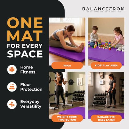 BalanceFrom 6x2 Feet 3-Panel Folding Gymnastics Mat – 2-Inch Thick Pad with Vinyl Surface and Carrying Handles for Tumbling, Yoga, Pilates, Home Workouts, and Martial Arts - color: Purple